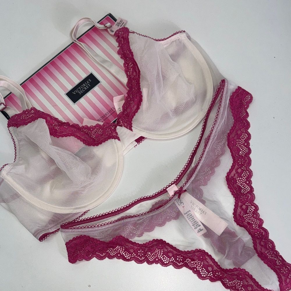 Victoria's Secret Cream and Burgundy Lace Bra Set 38DD & large thong NWT